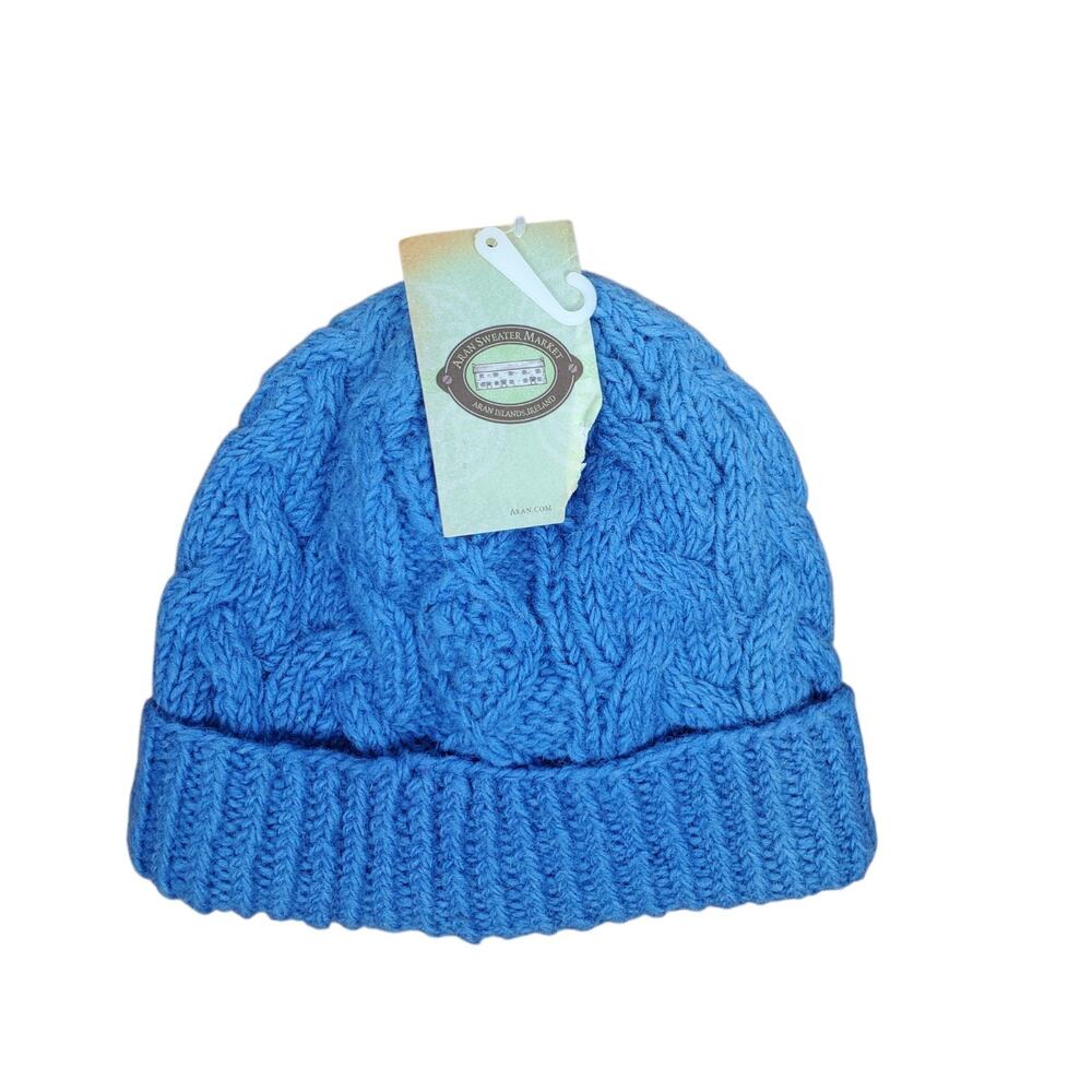 NEW Aran Sweater Market Wool Cable Knit Irish Ski Hat Beanie O/S Blue Lined